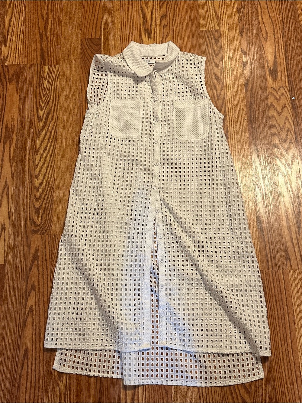 Reed L White Eyelet Cotton Shirt Dress Sleeveless Button Front Collared Midi